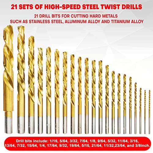 Titanium Twist Drill Bit Set 21 Piece Fit for Cutting Hard Metals，Such as Stainless Steel, Aluminum Alloy and Titanium Alloy 21 Pieces