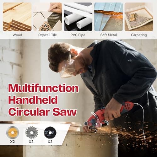 Corded Mini Circular Saw, 400W 110V 3400RMP Multifunction Handheld with 6 Blades Max Cutting Depth ½ Inch, Compact Small Circular Saw for Wood Drywall Tile PVC Pipe Soft Metal