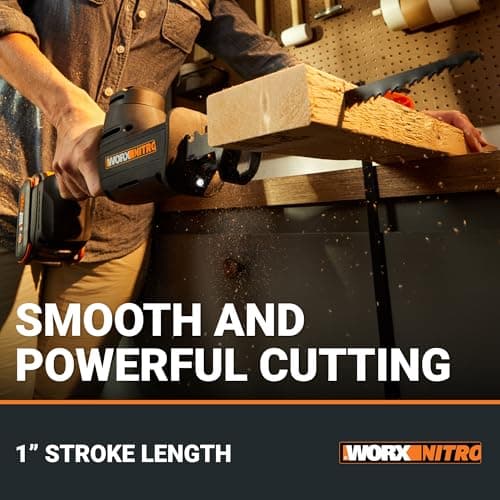 WORX 20V Cordless Reciprocating Saw for Wood, 1" Stroke Length, Brushless Motor, Lightweight Design WX501L