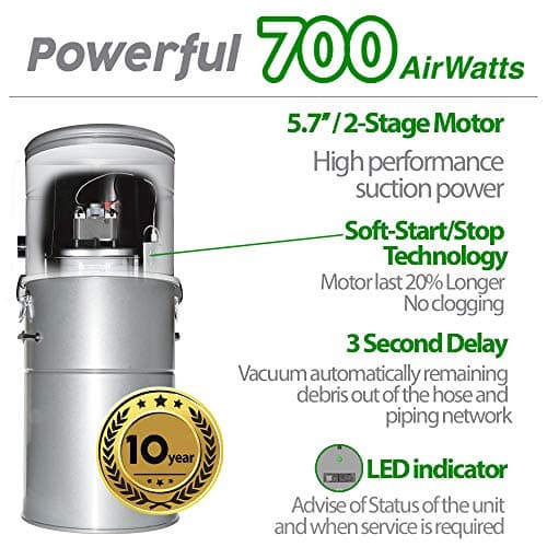 OVO Heavy Duty Powerful 700 Airwatts Central Vacuum System, Hybrid Filtration (with or Without Disposable Bags) 35L or 9.25Gal, with 30 ft Carpet Deluxe Accessory Kit
