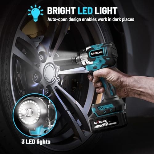 GEVEELIFE 650N.m/480Ft-lbs Brushless Impact Wrench,1/2" Cordless Impact Gun w/ 2x4.0Ah Battery & 6 Sockets, 3300RPM Power Electric Impact Driver for Car/DIY Furniture/Lawn Mower, Blue Toolbox