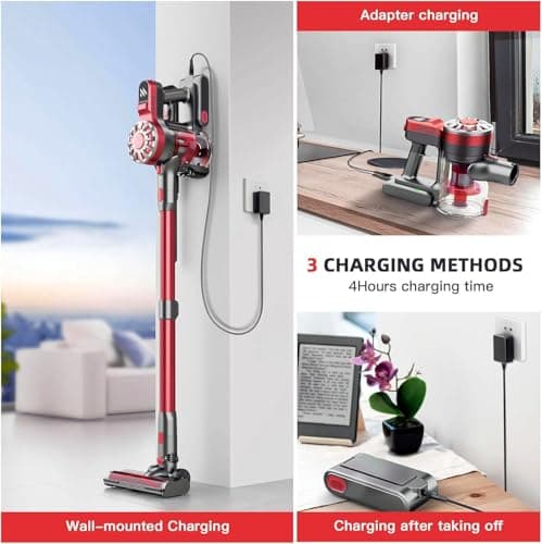 Cordless Vacuum Cleaner,Vacuum Cleaners for Home with Super Suction,Lightweight Stick Vacuum with 35 Mins Runtime,Rechargeable Cordless Vacuum for Carpet, Tile, Pet Hair, Hardwood Floors(Dark Red)