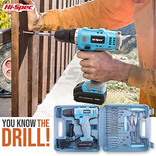 Hi-Spec Cordless Drill Set 50pc 12V Electric Power Driver in a Toolbox Case. Includes Rechargeable Battery, Power Screwdriver Bits, Wood, Metal, and Masonry Drill Bit Set Accessories