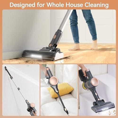 N8 Cordless Vacuum Cleaner, Lightweight Stick Vacuum with Powerful Suction, 2200mAh Battery, 40 Mins Runtime, Self-Standing, Rechargeable Vacuum Cleaners for Home Hardwood Floor Carpet Pet Hair (Gold)