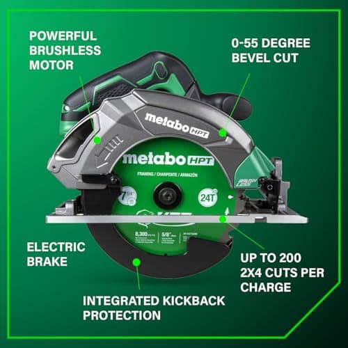 Metabo HPT 18V MultiVolt 7-1/4 Inch Cordless Circular Saw, High Torque, Lightweight Design, Up to 200 2x4 Cuts/Charge, Accepts 18V and 36V MultiVolt Metabo HPT Batteries, Tool Body Only, C1807DAQ4