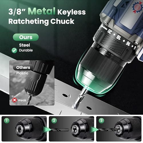 20V Cordless Drill, 620 in-lbs Torque, 3/8" Metal Keyless Chuck with Safety Lock, Brushless Power Drill with 2.0Ah Battery and Charger, 2+1 Variable Speed, 20+1 Position Electric Drill Driver with LED