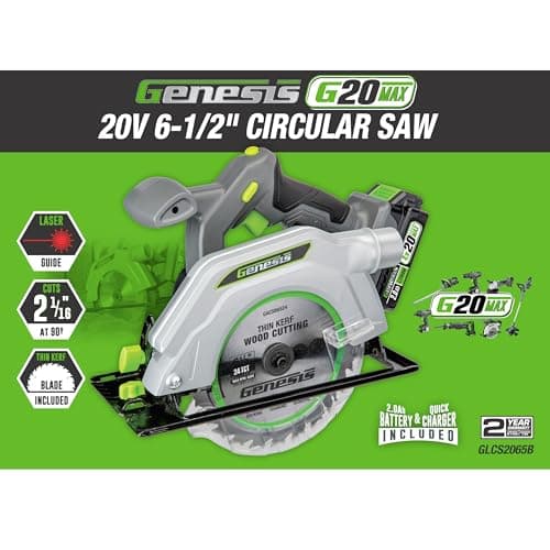 Genesis G20MAX 20V Cordless Circular Saw 6-1/2 inch with Laser & LED Light, Includes 24TCT thin-kerf blade, 2.0Ah Battery and Charger(GLCS2065B)