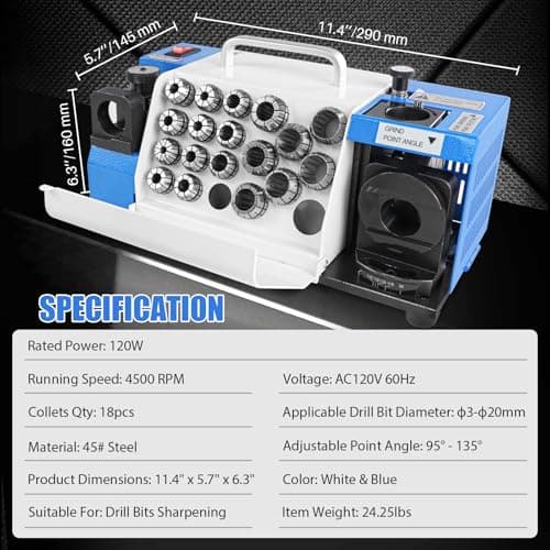 Drill Bits Sharpener, 3-20mm Drill Bit Grinding Machine, Lip Relief Angle & 95°-135° Point Angle Adjustable Drill Bit Re-Sharpener, Portable Bits Sharpening Machine with 18 Collets, CBN & SDC Wheel