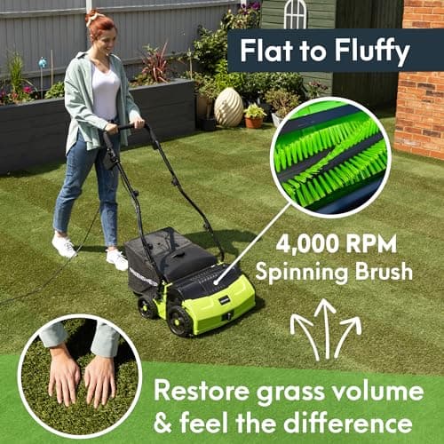 GreenSweep V2 | Artificial Grass Electric Sweeper Rake Vacuum 45L Collection Bag, 5 Adjustable Heights, Foldable Handle