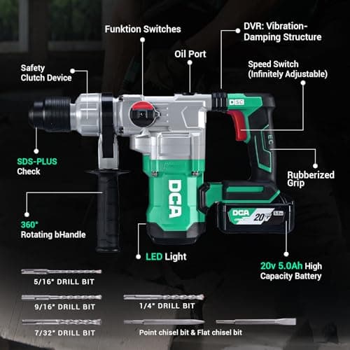 DCA 20V MAX Brushless Rotary Hammer Drill, 4.5 Joule, 3800BPM, 1-1/8 Inch SDS-Plus, Cordless Heavy Duty Rotary Hammer Drill with Vibration Control, 5.0Ah Battery, 4A Fast Charger and Safety Clutch