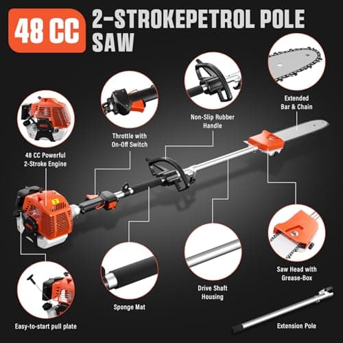 48CC Gas Powered Pole Saw 2-Cycle Engine,16FT Adjustable Extension Pole Chainsaw for Tree Trimming & Pruning,Lightweight Design,Professional Landscaping Tool (Gas Pole Saw)