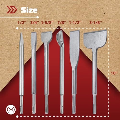 SDS Plus Chisel Set for Rotary Hammer Drills, 6 PCS SDS Chisel Set Includes Point, Flat, Scaling, Groove, Scraping, Tile, Hammer Drill Bits for Brick, Concrete, Block, Masonry