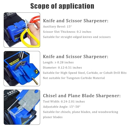 Electric Drill Bit Sharpener, 3-in-1 Multifunction Electric Sharpening Machine for Knife, drill, Chisel, Scissor, 110V, Grinder with Adjustable Angles, 96W, 1350rpm, Compact Design