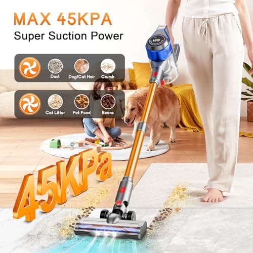 Cordless Vacuum Cleaner for Home - Powerful, 45Kpa Stick Vacuums Lightweight with Detachable Battery Display, Max 45Mins Runtime, 8 in 1 Handheld Vacuum for Hardfloor & Carpets Pet Hair