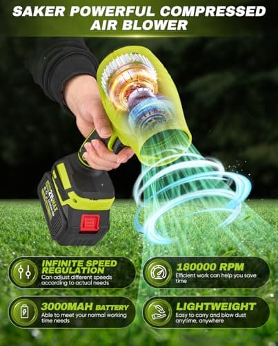 Saker Cordless Leaf Blower Portable Dust Cleaner Handheld Turbo Jet Blower 180000 RPM Air Duster with Adjustable Speed for Drying Patio Cleaning 2 Batteries Green