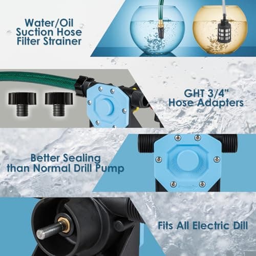 KITLUCK Hand Drill Pump, 750GPH Drill Powered Water Transfer Pump with Water Hose, Oil Tube and Adapter, Manual Water Pump for Drill, Small Self-Priming Electric Drill Pump for Water, Gasoline