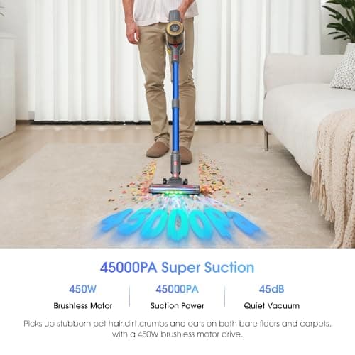 UNINELL HOME Cordless Vacuum Cleaner,45000Pa/450W Vacuum Cleaners for Home with 60Mins Runtime,Lightweight Anti-Tangle Stick Vacuum,Wall-Mount Charging,Vacuum Cordless with Attachments for Pet Hair