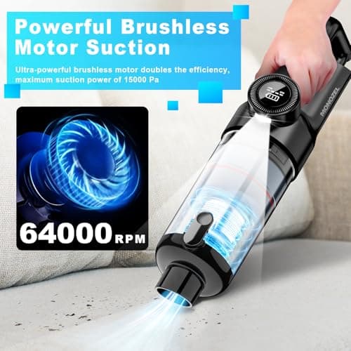 Handheld Vacuum Cordless - Car Vacuum Cleaner with Brushless Motor, 15000Pa Strong Suction with LED Light, Type C Cable and Charger, 2 Fliters, Portable Hand Vacuum for Home, Pet and Car