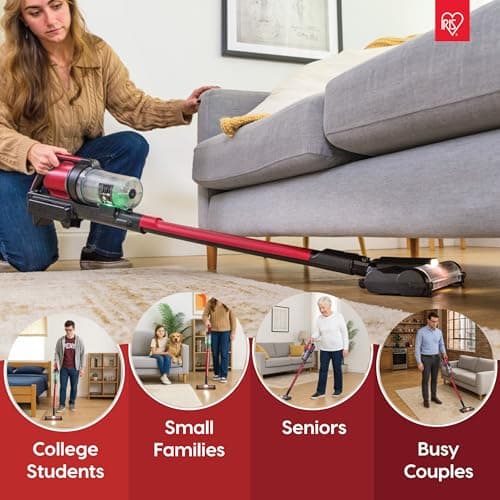 IRIS USA Cordless Vacuum Cleaner for Home, Rechargeable, Ultra Lightweight, 50-Minute Runtime Fast Charging, 230W, Carpet, Hard Floor, Tile, Non-Slip Lean Support Design, LED Dust Sensor, Black