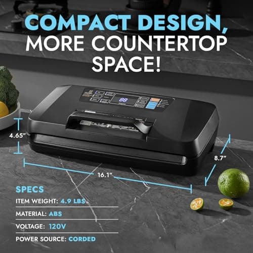 95Kpa Vacuum Sealer Machine for Food, 10-in-1 Presets with Sous Vide Mode, Double Heat Seal, Built-in Cutter & Bag Storage, Dry/Moist/Liquid, Compact Design, Easy-Lock Handle, Commercial Grade