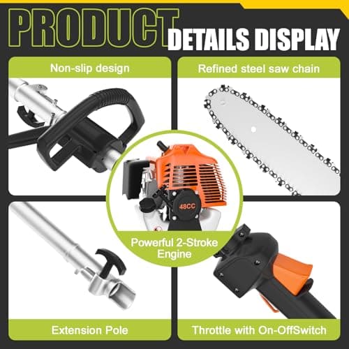 Gas Powered Pole Saw, 48cc 2-Cycle Gas Pole Saws for Tree Trimming with 11.5in Cutting Bar,16-FT Height Reachable Cordless Extension Chainsaw for Tree Trimming Bush Pruning Branch Cutting