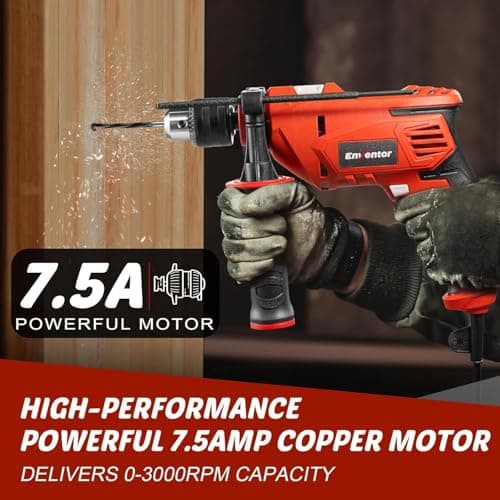 Enventor 7.5 Amp Hammer Drill, 1/2 Inch Electric Drill Hammer, 900W 0-3000RPM Variable Speed, 360° Auxiliary Handle, Lightweight Corded Hammer & Drill 2 in 1 Functions with 9pcs Bit for Metal, Wood