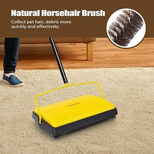 Carpet Sweeper Manual Push with Horsehair Brush, Electrostatic Floor Roller Sweeper Broom Non Electric for Pet Hair, Rug (Yellow)