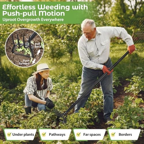 Garden Hoe,2 in 1 Heavy Duty Stirrup Hoe and Cultivator Gardening Tool Set with 62 inch Long Handle,Lightweight Hula Hoes Weeding Rake for Fast Weeds Grass Removal,Cultivating, Loosen Soil, Sharp Edge