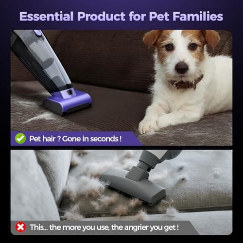 Pet Hair Handheld Vacuum Cordless: 20000PA High Power Car Vacuum with Motorized Brush and LED Light, Rechargeable Hand Held Vacuum Cleaner with Reusable Filter for Car, Home, Office & Pet, Purple