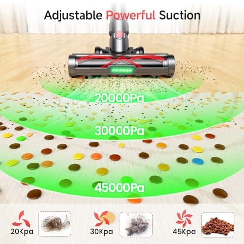 Cordless Vacuum Cleaner, 550W 45KPA Dual Motor Stick Vacuum for Home with 70mins Runtime, 6 LED Green Headlights, Self-Standing Design, V-Shaped Floor Brush for Carpet Tile Pet Hair Hardwood Floors