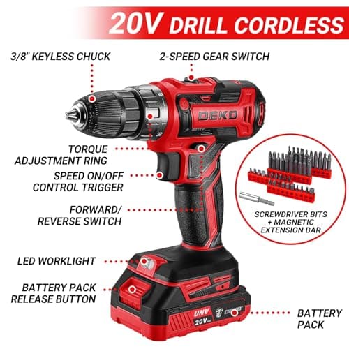 Red Drill Tool Kit Set: 20V Cordless Power Drill Tool Box with Battery Electric Drill Driver for Men Home Hand Repair Basic Toolbox Tools Sets Drills Case