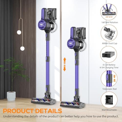 Vacuum Cleaners for Home, Cordless Vacuum Cleaner Powerful Suction with 80000 RPM, Up to 40mins Runtime, Rechargeable, Wall-Mounted, Tangle-Resistant Stick Vacuum for Carpet, Hard Floors