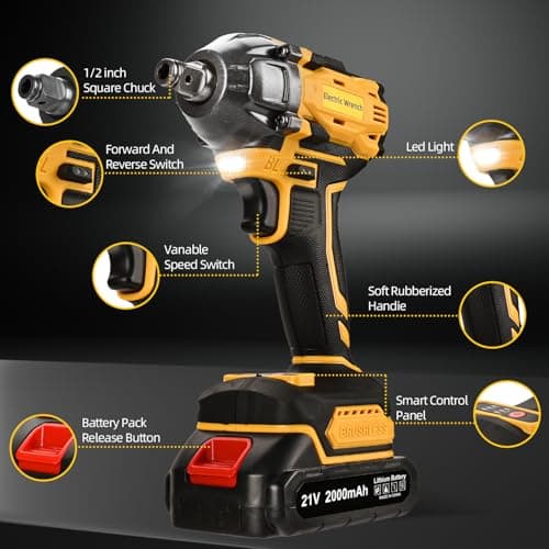 Cordless Impact Wrench, 21V Torque Power Impact Driver, 1/2" Power Impact Wrenches with 2 * 2.0Ah Batteries with 19 Accessories, Electric Impact Motor Variable Speeds for home installation (Yellow)