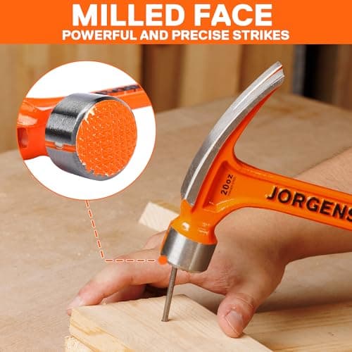 Jorgensen 20 oz Straight Claw Hammer with Magnetic Nail Holder, Rip Claw Hammer with Milled Face & Shock Absorbing Grip, Heavy Duty One-piece Forged Hammer