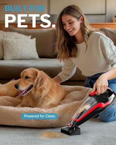 Pet Hair Handheld Vacuum, Car Vacuum Portable Cordless Rechargeable with Reusable Filter and Motorized Brush for Carpet, Couch & Stairs, Red, 17.4"X 4.6"X 6.6"