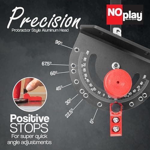 Fulton Miter Gauge 2000 SE HDF NoPlay Expandable Glides Steel Miter Bar for 3/4 x 3/8 Inches, Miter Slot UHMW Slick Base Pad, Protractor Style Head 13 Positive Stops, Aluminum Dual 45 Degree