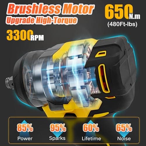 Cordless Impact Wrench 480 Ft-lbs(650N.m) High Torque 1/2 Inch, 3300RPM Brushless Electric Impact Gun, 2 * 4.0Ah Battery 4 Sockets 19 Drill Bits, 3 In 1 Impact Wrench for Car Home DIY