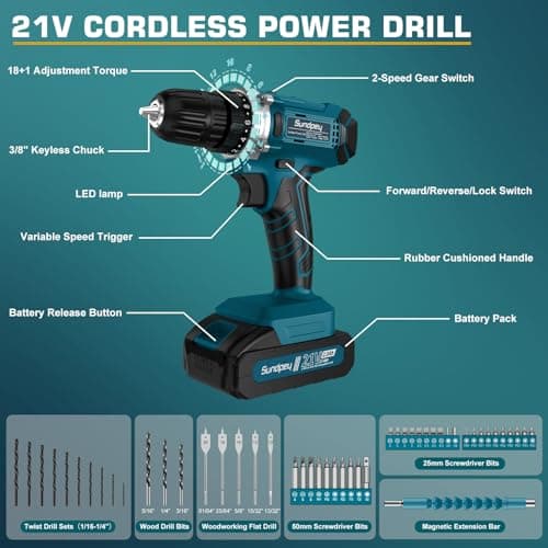 Tool Kit with 21V Cordless Drill - Sundpey 255-PCs Portable Complete General Basic Home and Auto Repair Tool Set with Drawer for Handyman & Diyer & Homeowner - Power Drill with 2 x 2.0Ah Batteries