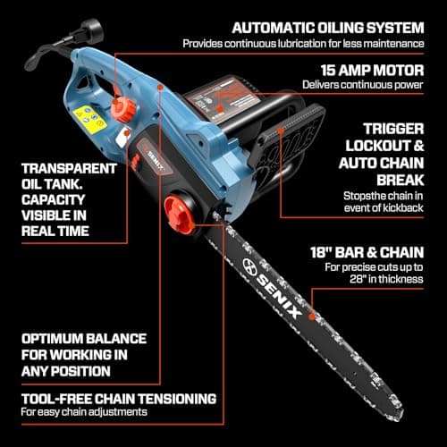 SENIX Electric Chainsaw, 18" Corded Chainsaw,15 Amp Chain Saw for Wood Cutting, Tree Trimming, Garden Tool for Pruning, Branch Cutting, Yard, Fathers Day Gift for Men,Gardener, CSE15-M