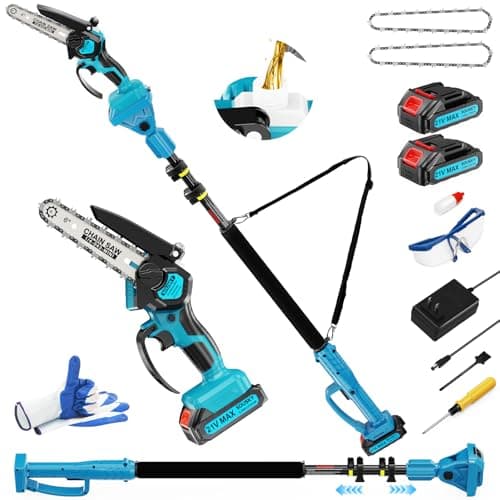 2-in-1 6 In Mini Chainsaw & Electric Pole Saw, Electric Pole Saws for Tree Trimming, 21V Cordless Battery Chainsaw Powered with 2 Batteries, Auto-oil, Chain saw for Tree Pruning/Wood Cutting
