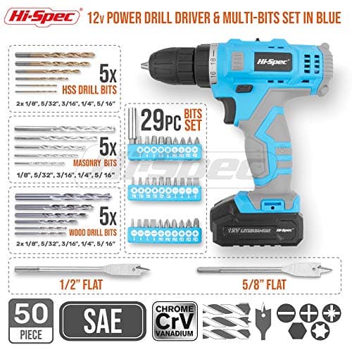 Hi-Spec Cordless Drill Set 50pc 12V Electric Power Driver in a Toolbox Case. Includes Rechargeable Battery, Power Screwdriver Bits, Wood, Metal, and Masonry Drill Bit Set Accessories