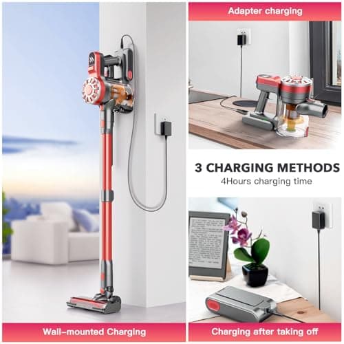 Cordless Vacuum Cleaners for Home with Powerful Suction,Stick Vacuum Cordless Rechargeable,Up to 35 Mins Runtime,Lightweight Hardwood Floor Vacuum for Pet Hair,Carpet(Light Red)