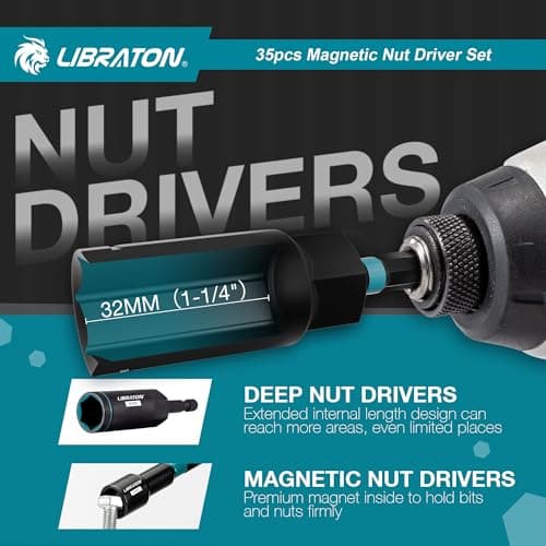 LIBRATON Magnetic Nut Driver Set, 35PCs Impact Driver Bit Set, Deep Nut Driver Set, Metric & SAE Nut Driver for Impact Drill, Wing Nut Driver, Quick-release Bit Holder, Drill Bit PH1 PH2, with Toolbox