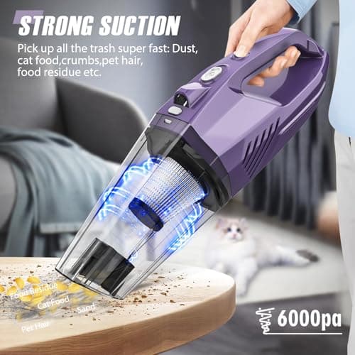 Handheld Vacuum Cordless - Car Vacuum Portable & Small Vacuum Cleaner with 6KPa Suction, USB Vacuum Cordless Rechargeable, HEPA Filter, LED Light for Pet Hair, Home, Car, Office - Includes Accessories