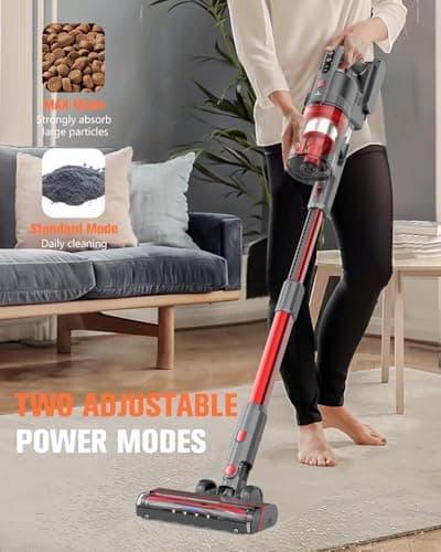 Cordless Vacuum Cleaner, 85,000PRM Upgraded Dual Suction Cordless Stick Vacuum up to 35mins Runtime, Lightweight Rechargeable Vacuum for Home (Grey Red)