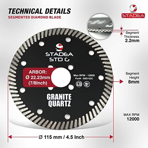 Stadea SBD102C Diamond Saw Blade 4.5-Inch Continuous Turbo Dry Cutting - Cuts Granite Quartz Quartzite, Fits Grinder, Saw Cutter, 8 MM Segments - Pack of 1