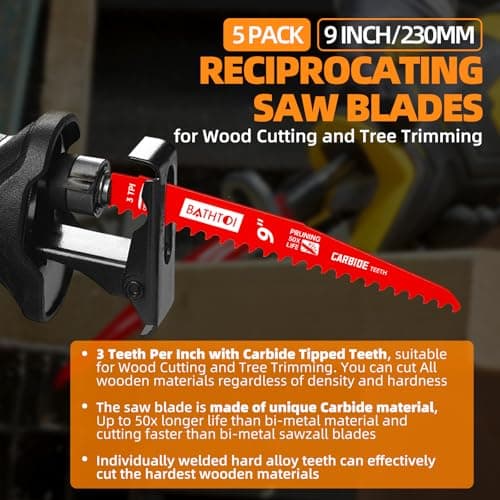 5 Pack 9 Inch 3 Tpi Carbide Reciprocating Saw Blades for Wood Cutting and Tree Trimming, Pruning Sawzall Blades with Carbide Tipped Teeth for Longer Life and Faster Cutting Speed