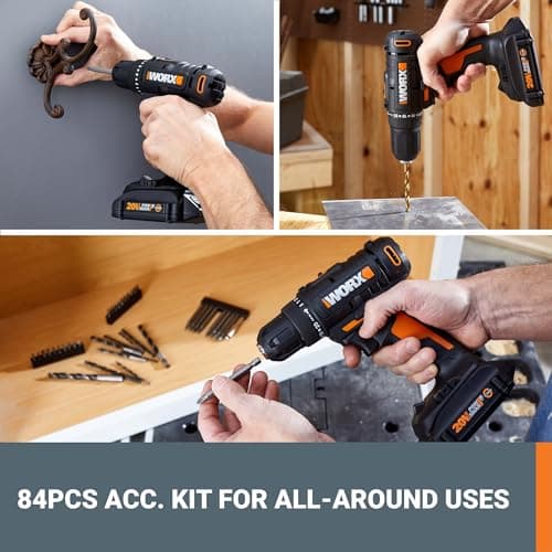 Worx 20V Cordless Drill Driver, 84pc Accessory Kit, Variable 2-Speed, 265 In-Lbs Torque, 20+1 Clutch, Lightweight, Compact, 3/8-Inch Keyless Chuck - Battery & Charger Included