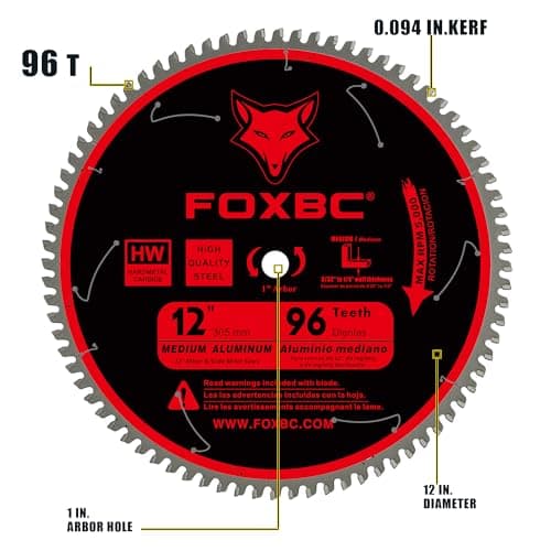FOXBC 12 Inch Saw Blade 96-Tooth TCG for Aluminum Non-Ferrous Metal & Plastic Cutting with 1-Inch Arbor