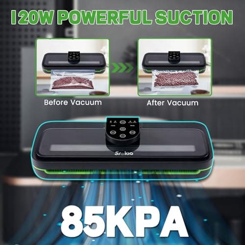 85kpa Food Vacuum Sealer Machine,Vacuum Sealer For Food with Cutter, Full Automatic Bag Sealer,Dry Moist Fresh Modes,10 Pre-cut Bags and Accessory Hose,Black